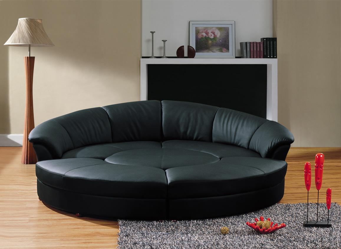 Black Leather Round 5 Piece Living Room Sectional Couch Set with round table 